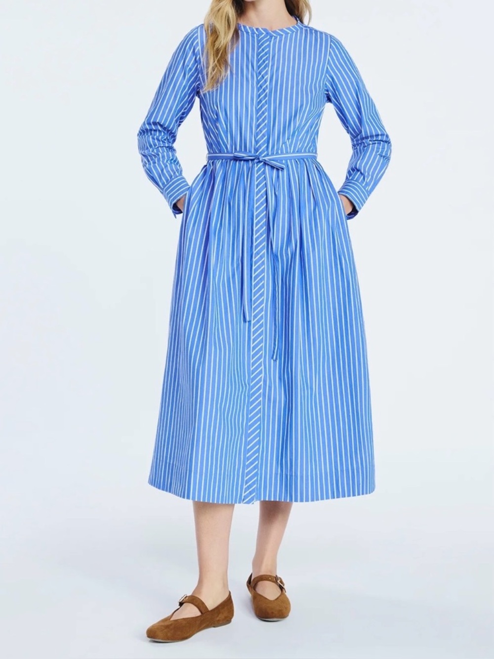 Blue Striped Tie-Waist Shirt Dress
